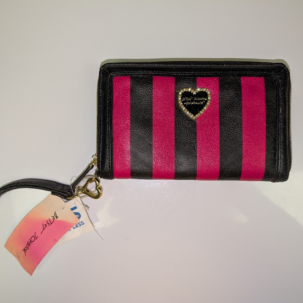 Betsey Johnson pink and black striped clutch wallet